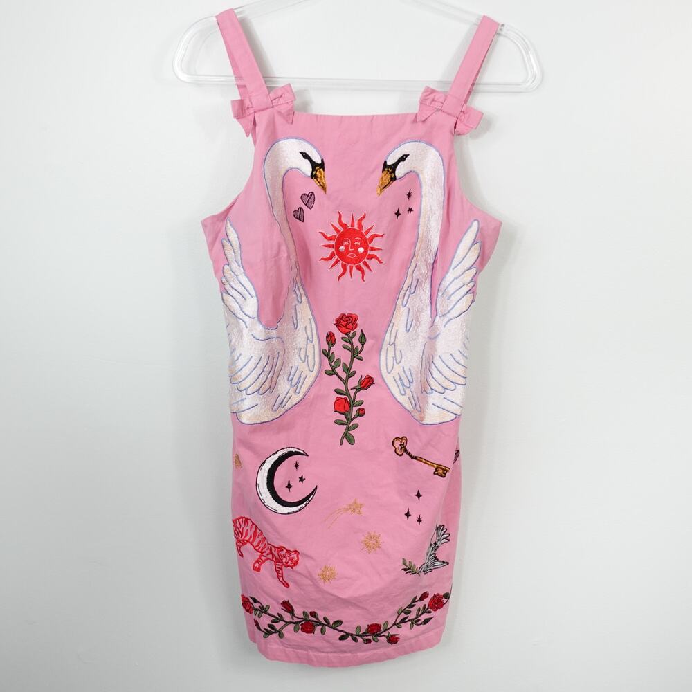 Maeve by Anthropologie Pink Swan Embroidered Bow Mini Shift Dress - Picture 4 of 16